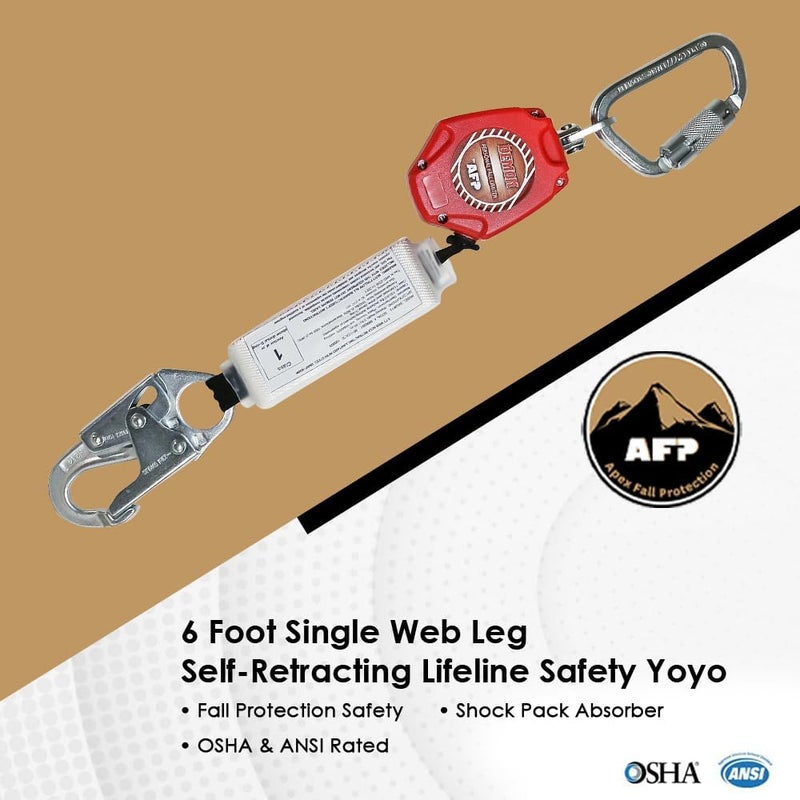 afp Demon 6 Foot Single Web Leg Self Retracting Lifeline Safety Yoyo, Shock Pack Absorber, Steel Snap Hook & Steel Carabiner Fall Protection Arrest Limiter SRL | OSHA & ANSI Rated - Image 2